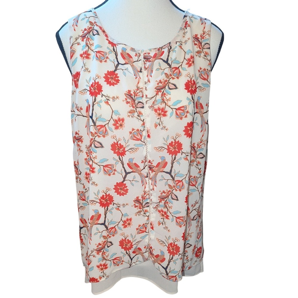 Rose + Olive Womens Floral Bird Print Sleeveless Tiered Blouse Cream Red Medium